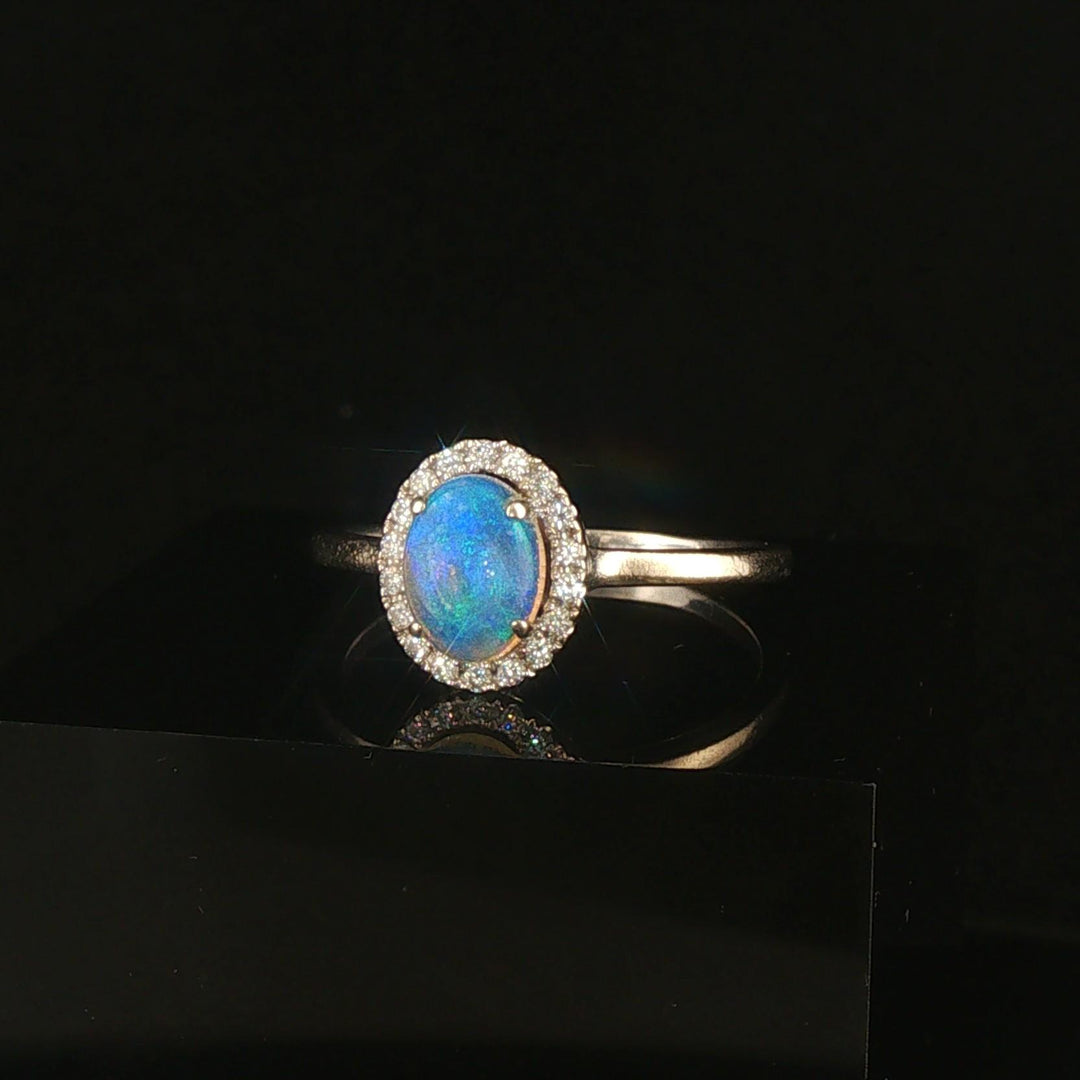 14k White Gold Cabochon Opal and Diamond Halo Ring Size 10