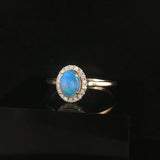 14k White Gold Cabochon Opal and Diamond Halo Ring Size 10