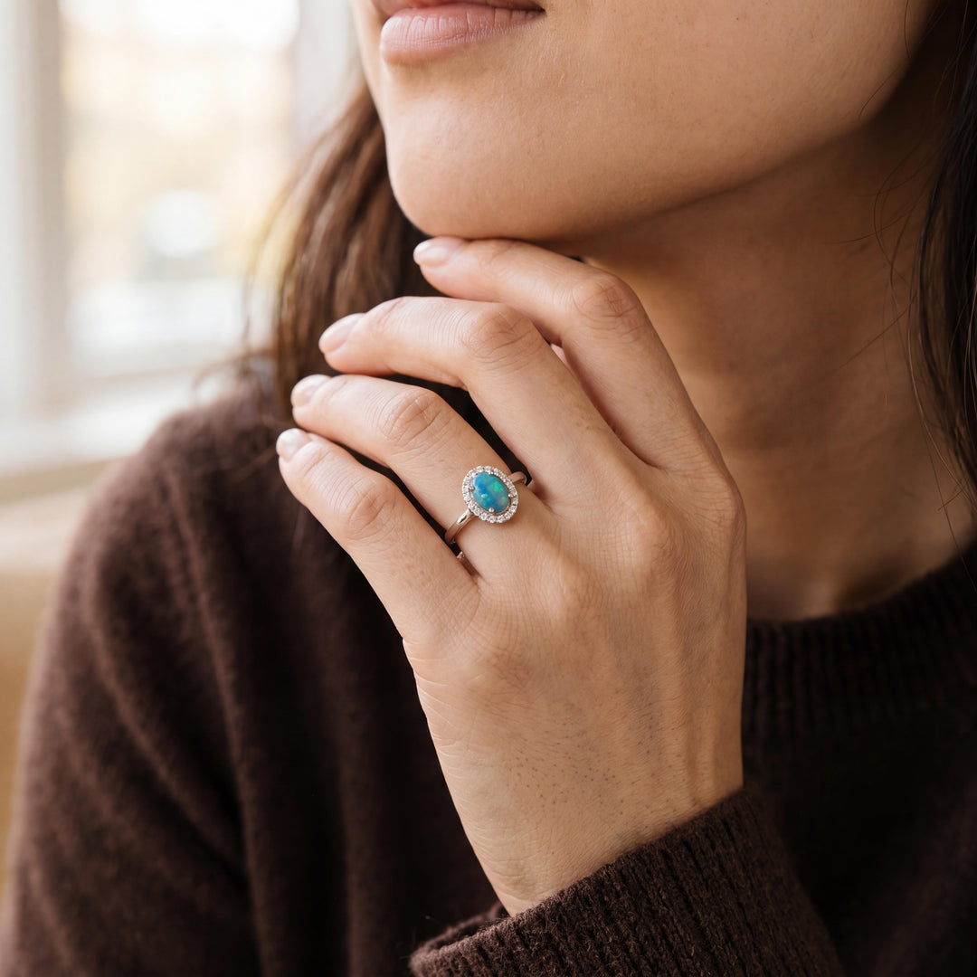 14k White Gold Cabochon Opal and Diamond Halo Ring Size 10