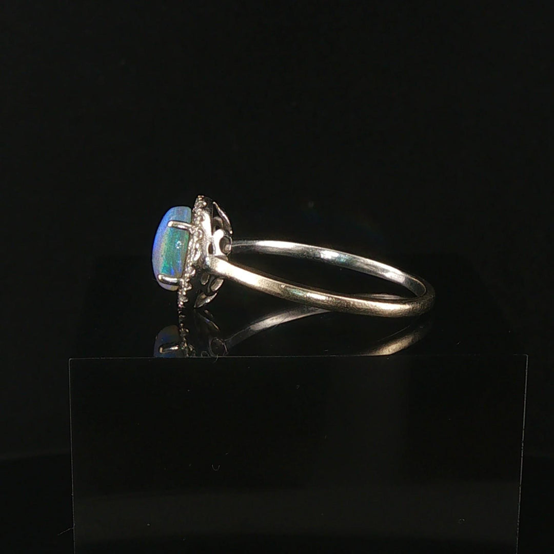 14k White Gold Cabochon Opal and Diamond Halo Ring Size 10