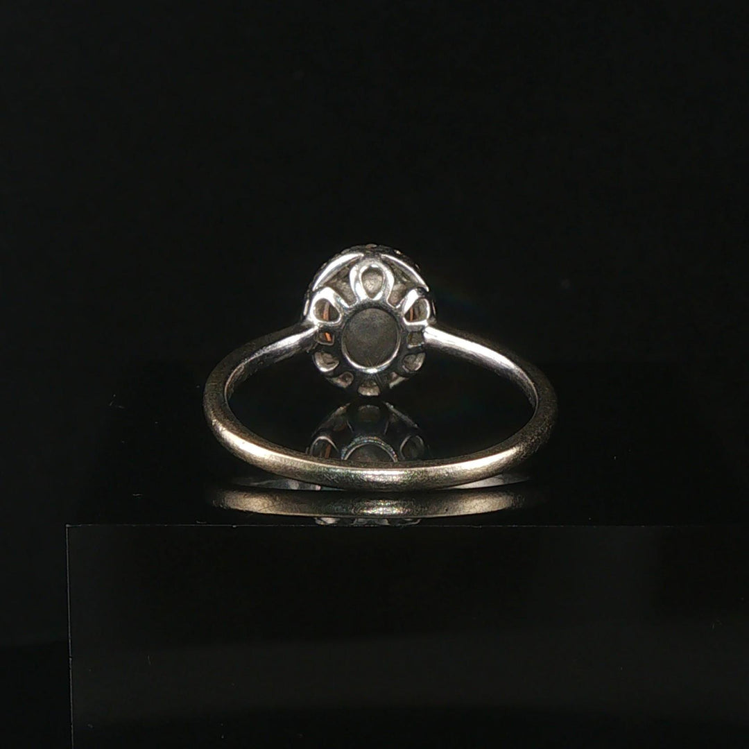 14k White Gold Cabochon Opal and Diamond Halo Ring Size 10