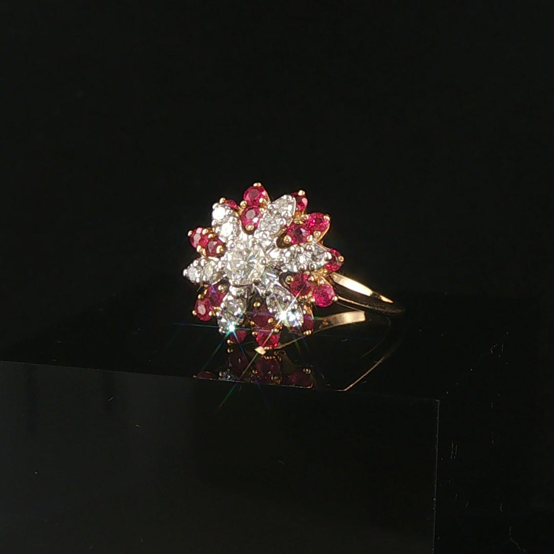 14k Yellow Gold Ruby and Diamond Ladies Vintage Cluster Ring Size 6.5