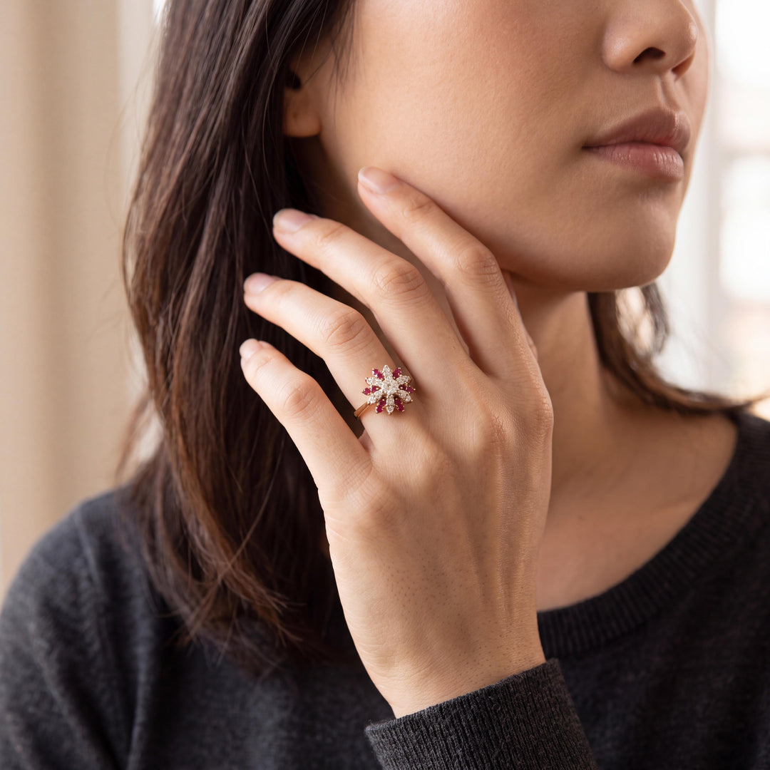 14k Yellow Gold Ruby and Diamond Ladies Vintage Cluster Ring Size 6.5