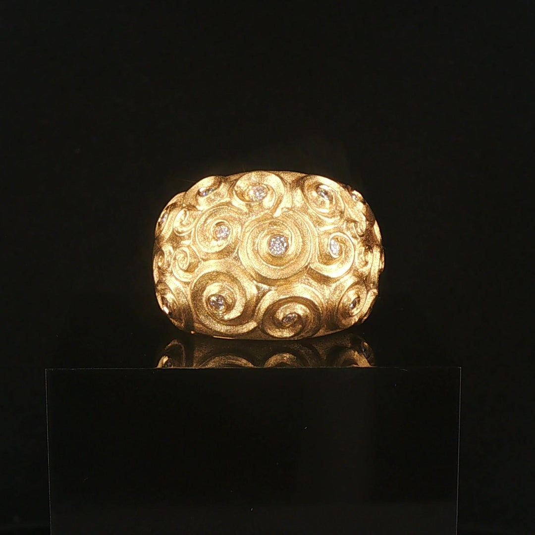 18k Yellow Gold and Diamond Solid Heavy Vintage Bombe Scroll Ring Size 7