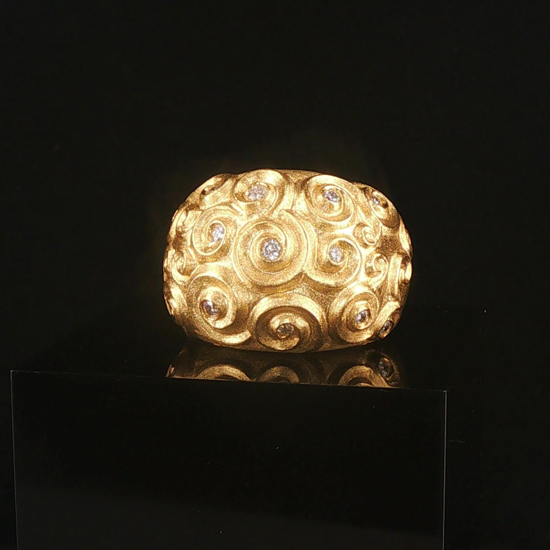 18k Yellow Gold and Diamond Solid Heavy Vintage Bombe Scroll Ring Size 7