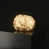 18k Yellow Gold and Diamond Solid Heavy Vintage Bombe Scroll Ring Size 7