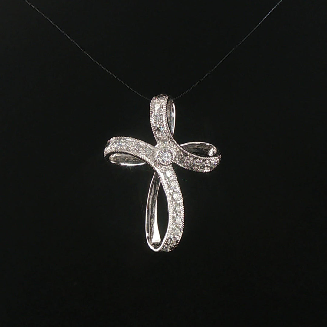 14k White Gold and 0.30cttw Diamond Fancy Vintage Cross Pendant 1.25"