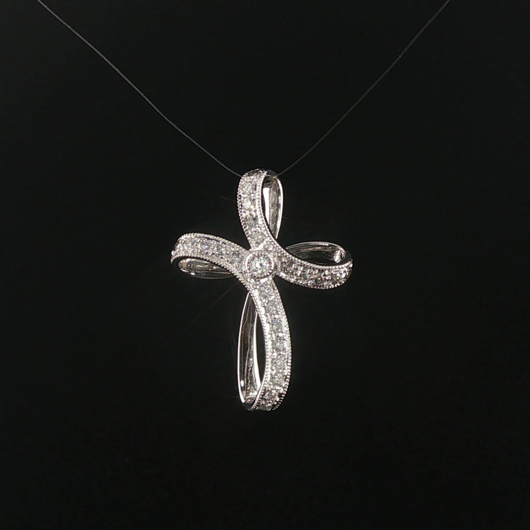 14k White Gold and 0.30cttw Diamond Fancy Vintage Cross Pendant 1.25"