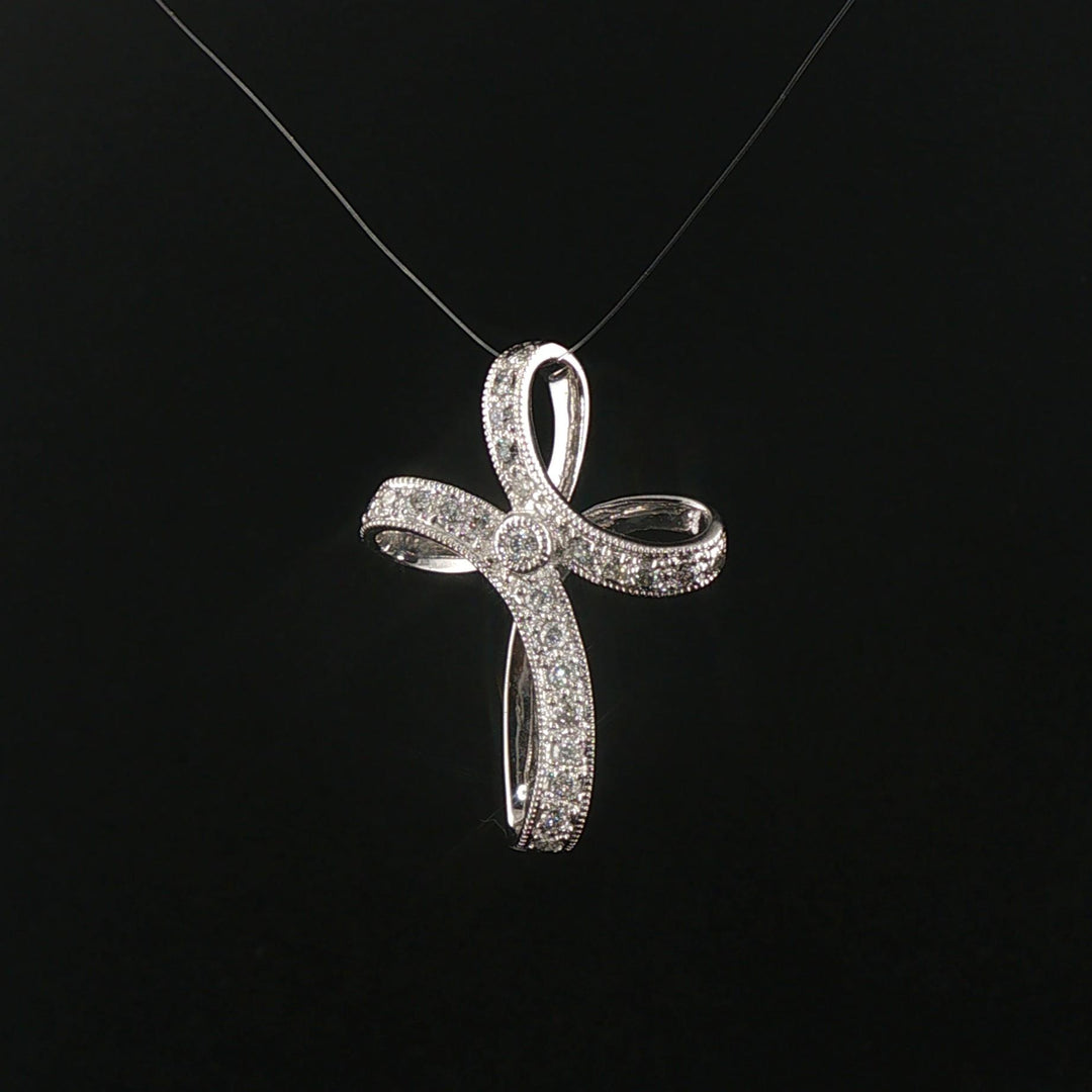 14k White Gold and 0.30cttw Diamond Fancy Vintage Cross Pendant 1.25"