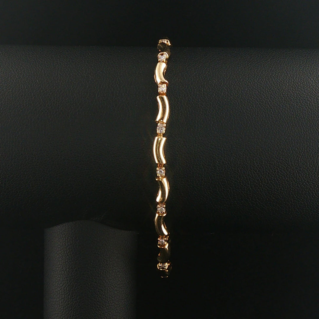 14k Yellow Gold and Diamond Ladies Curved Bar Link Bracelet 7.25"