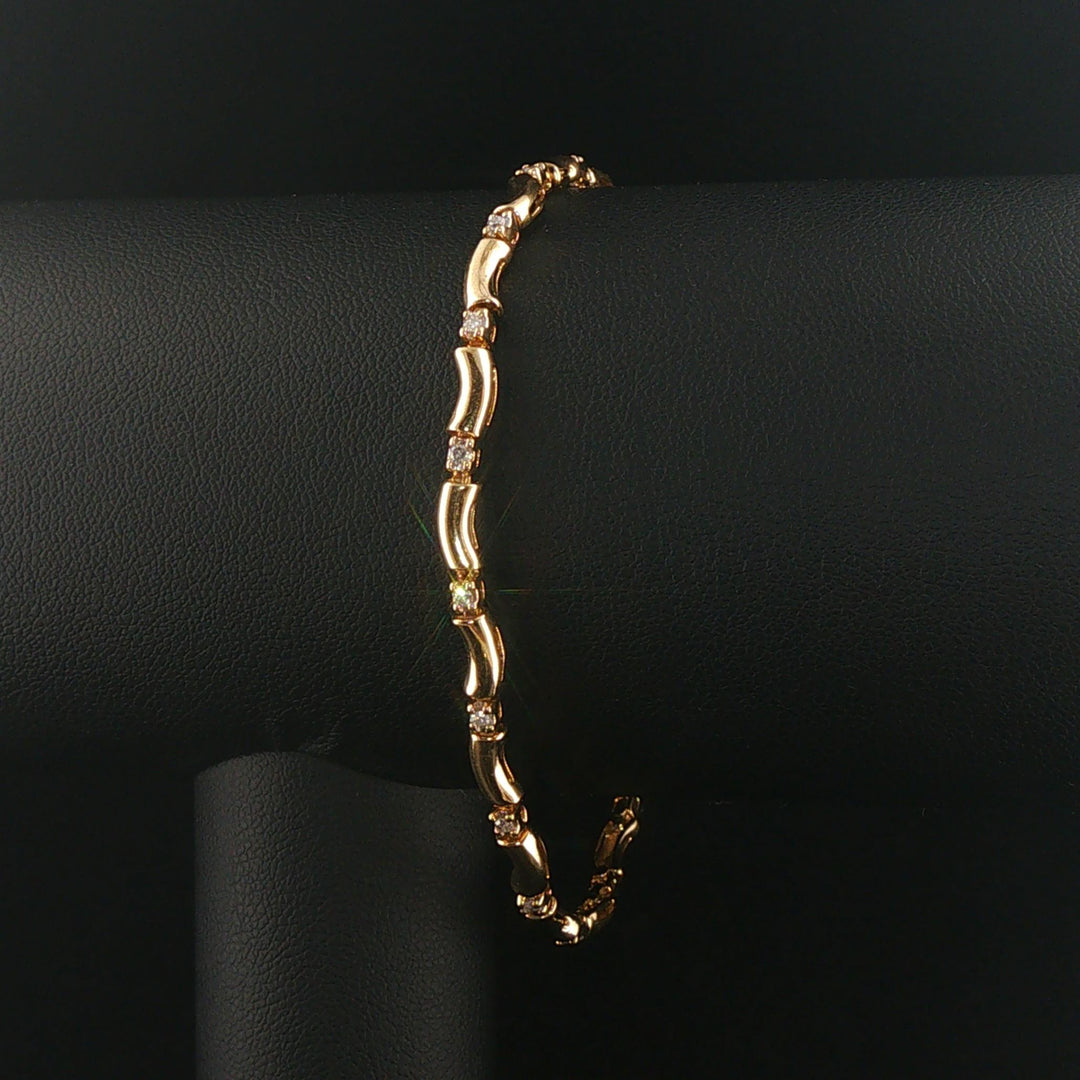 14k Yellow Gold and Diamond Ladies Curved Bar Link Bracelet 7.25"