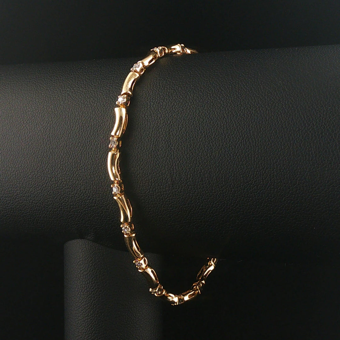 14k Yellow Gold and Diamond Ladies Curved Bar Link Bracelet 7.25"