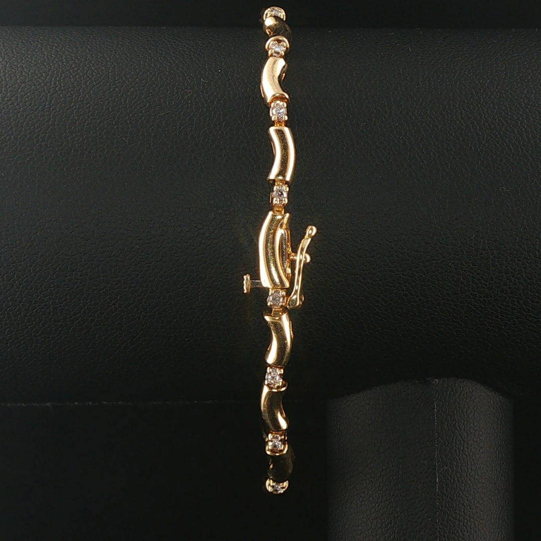 14k Yellow Gold and Diamond Ladies Curved Bar Link Bracelet 7.25"