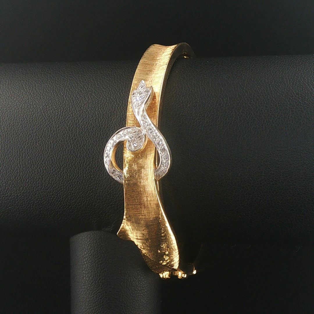 14k Yellow and White Gold Diamond Vintage Solid Fancy Bangle Bracelet 6.75"