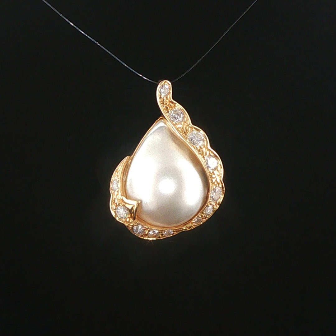 14k Yellow Gold Tear Drop Mabe Pearl and 0.35cttw Diamond Pendant 1"