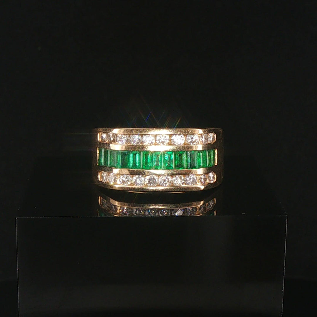14k Yellow Gold Emerald and 0.75cttw Diamond Men's Solid Ring Size 8.75