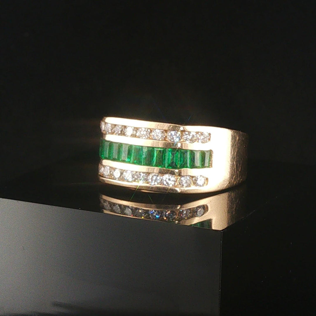 14k Yellow Gold Emerald and 0.75cttw Diamond Men's Solid Ring Size 8.75