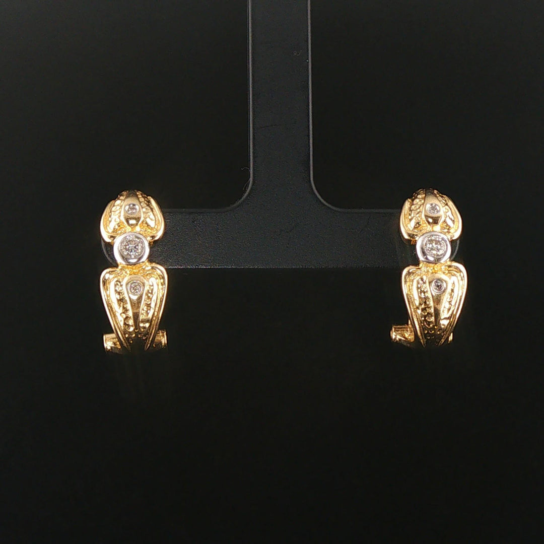 14k Yellow and White Gold Bezel Diamond Vintage Huggie Earrings