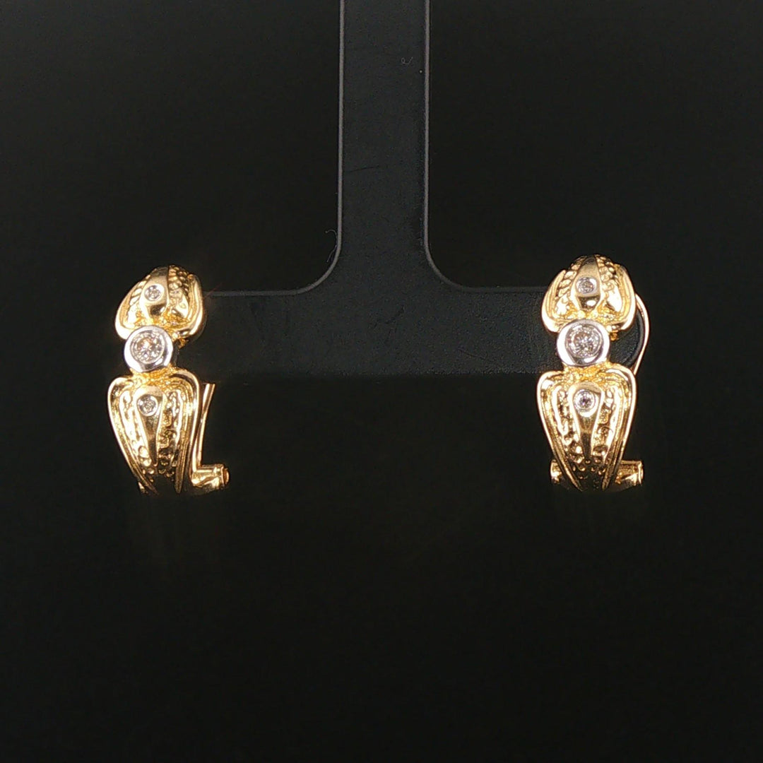 14k Yellow and White Gold Bezel Diamond Vintage Huggie Earrings