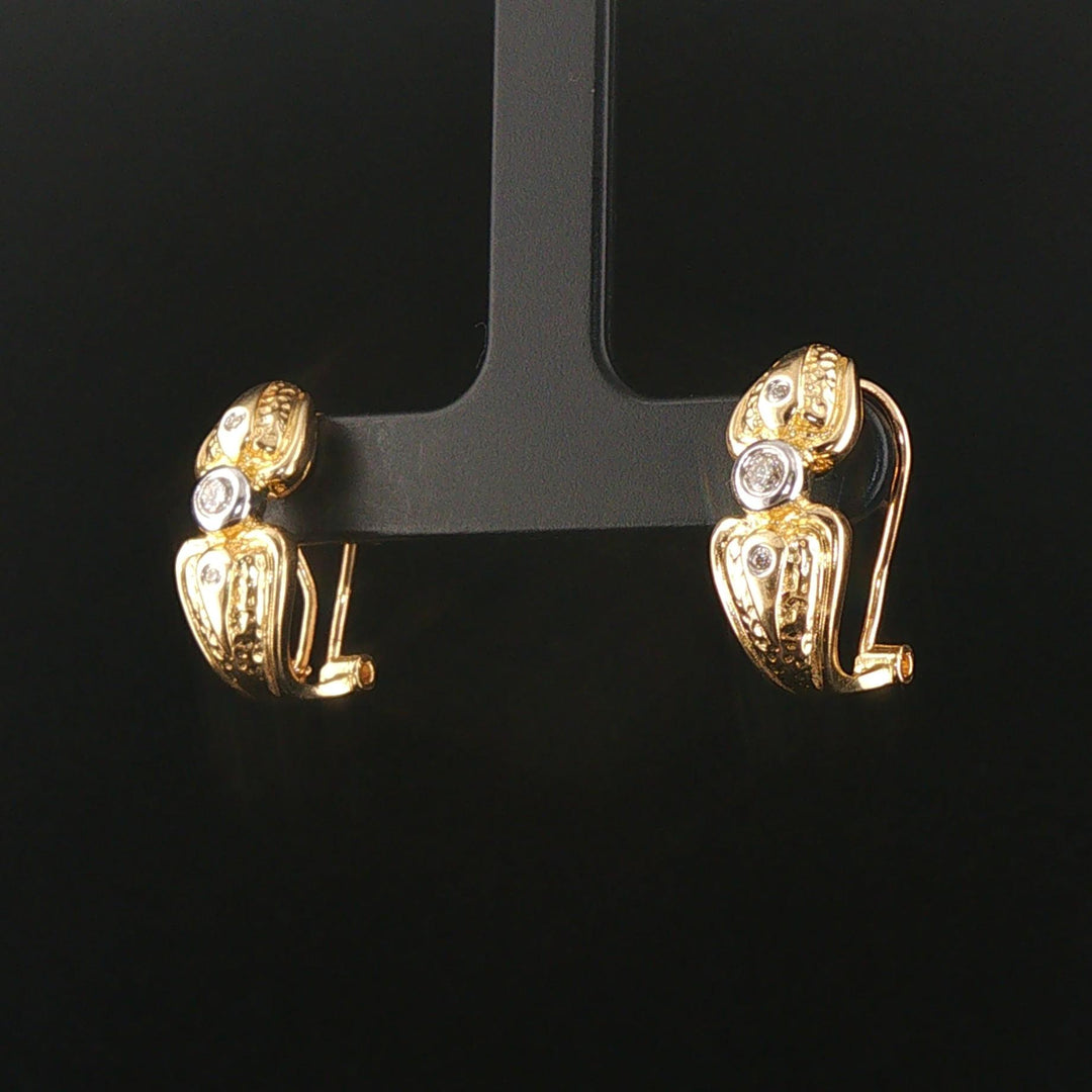 14k Yellow and White Gold Bezel Diamond Vintage Huggie Earrings