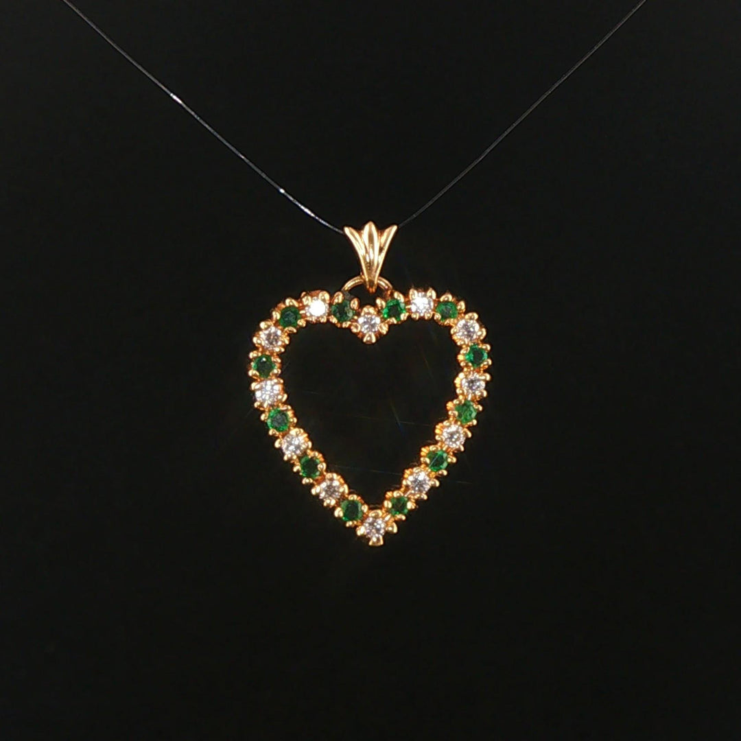 14k Yellow Gold Emerald and Diamond Heart Pendant 1"