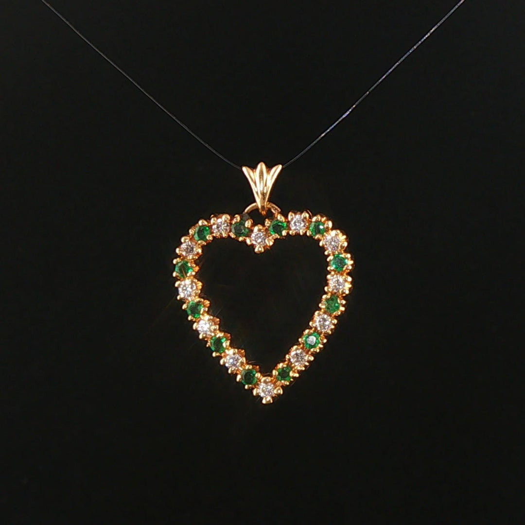 14k Yellow Gold Emerald and Diamond Heart Pendant 1"