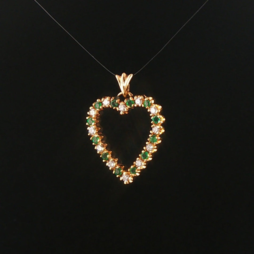 14k Yellow Gold Emerald and Diamond Heart Pendant 1"