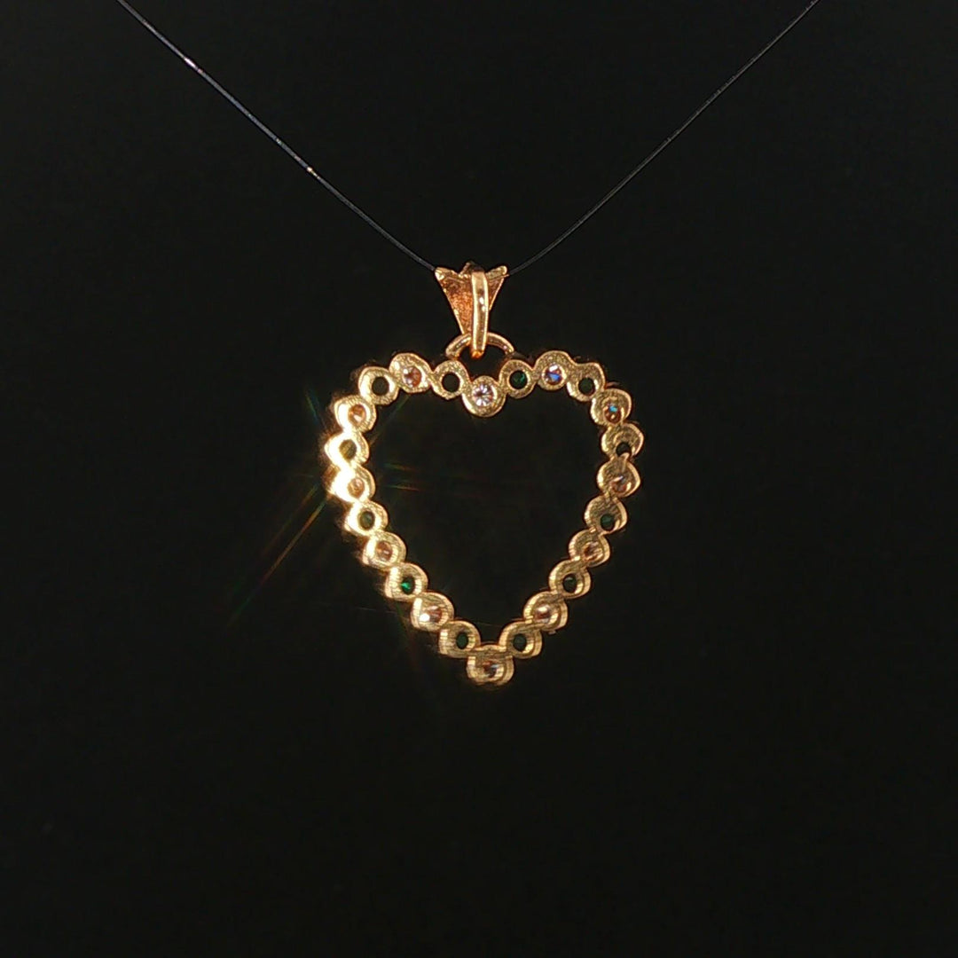 14k Yellow Gold Emerald and Diamond Heart Pendant 1"