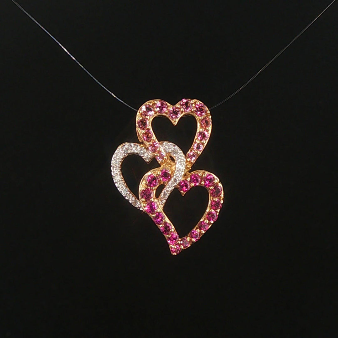 14k Yellow Gold Morganite Pink Sapphire and Diamond Three Heart Pendant 1"
