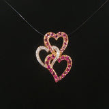 14k Yellow Gold Morganite Pink Sapphire and Diamond Three Heart Pendant 1"