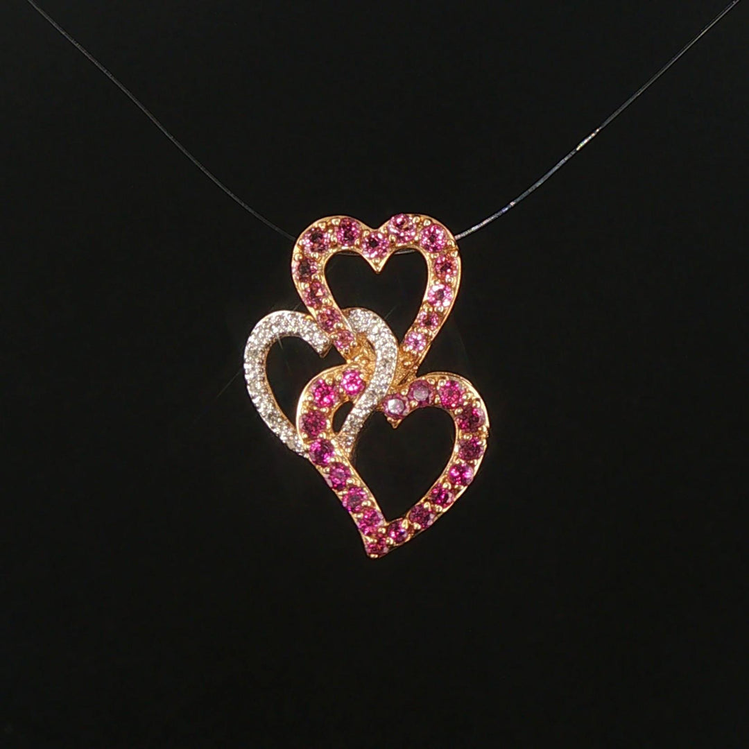 14k Yellow Gold Morganite Pink Sapphire and Diamond Three Heart Pendant 1"