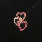 14k Yellow Gold Morganite Pink Sapphire and Diamond Three Heart Pendant 1"
