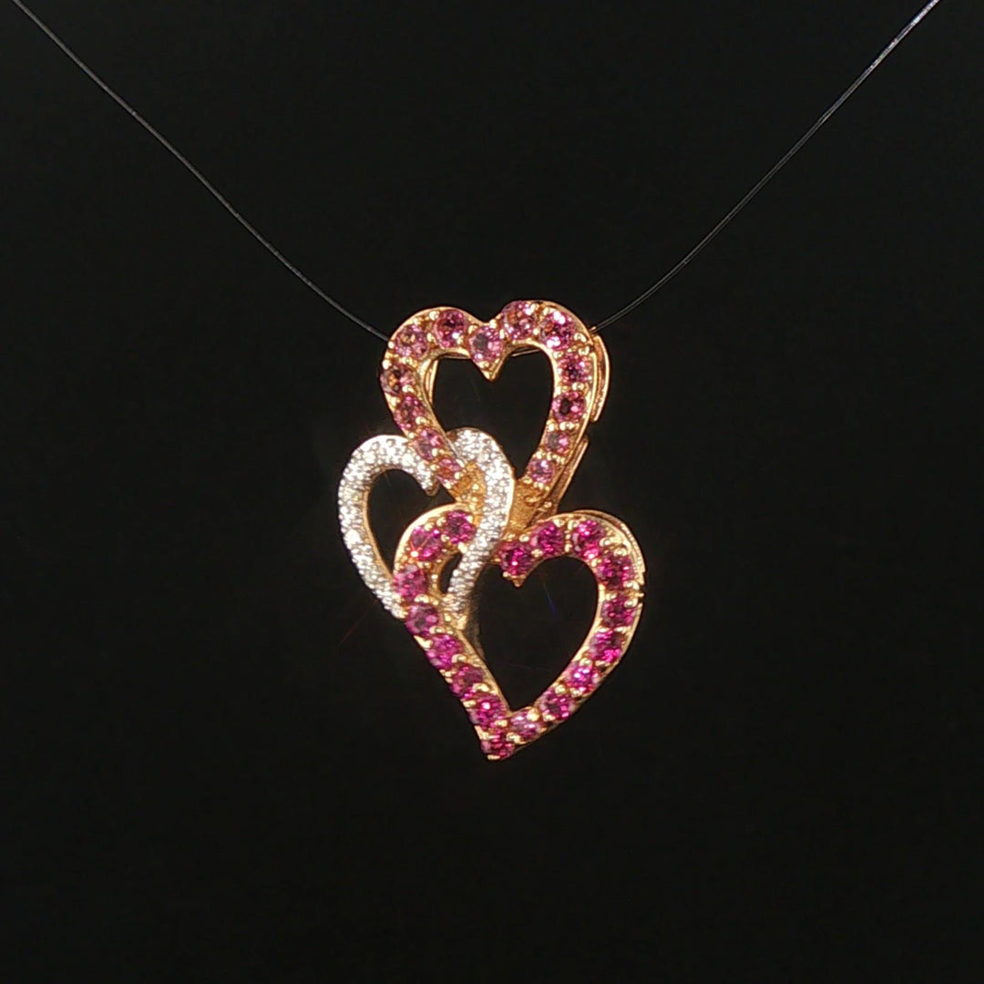 14k Yellow Gold Morganite Pink Sapphire and Diamond Three Heart Pendant 1"