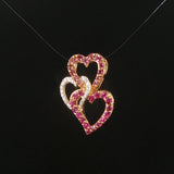 14k Yellow Gold Morganite Pink Sapphire and Diamond Three Heart Pendant 1"