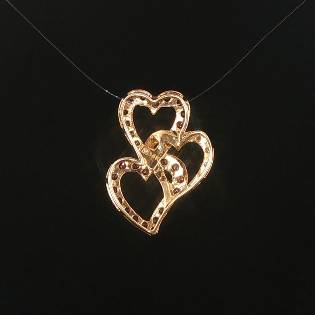 14k Yellow Gold Morganite Pink Sapphire and Diamond Three Heart Pendant 1"