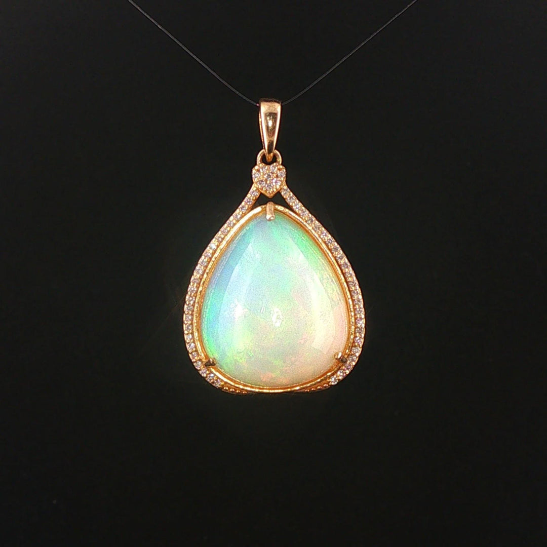 14k Yellow Gold 11.35ct Pear Opal and Diamond Halo Pendant 1.4"