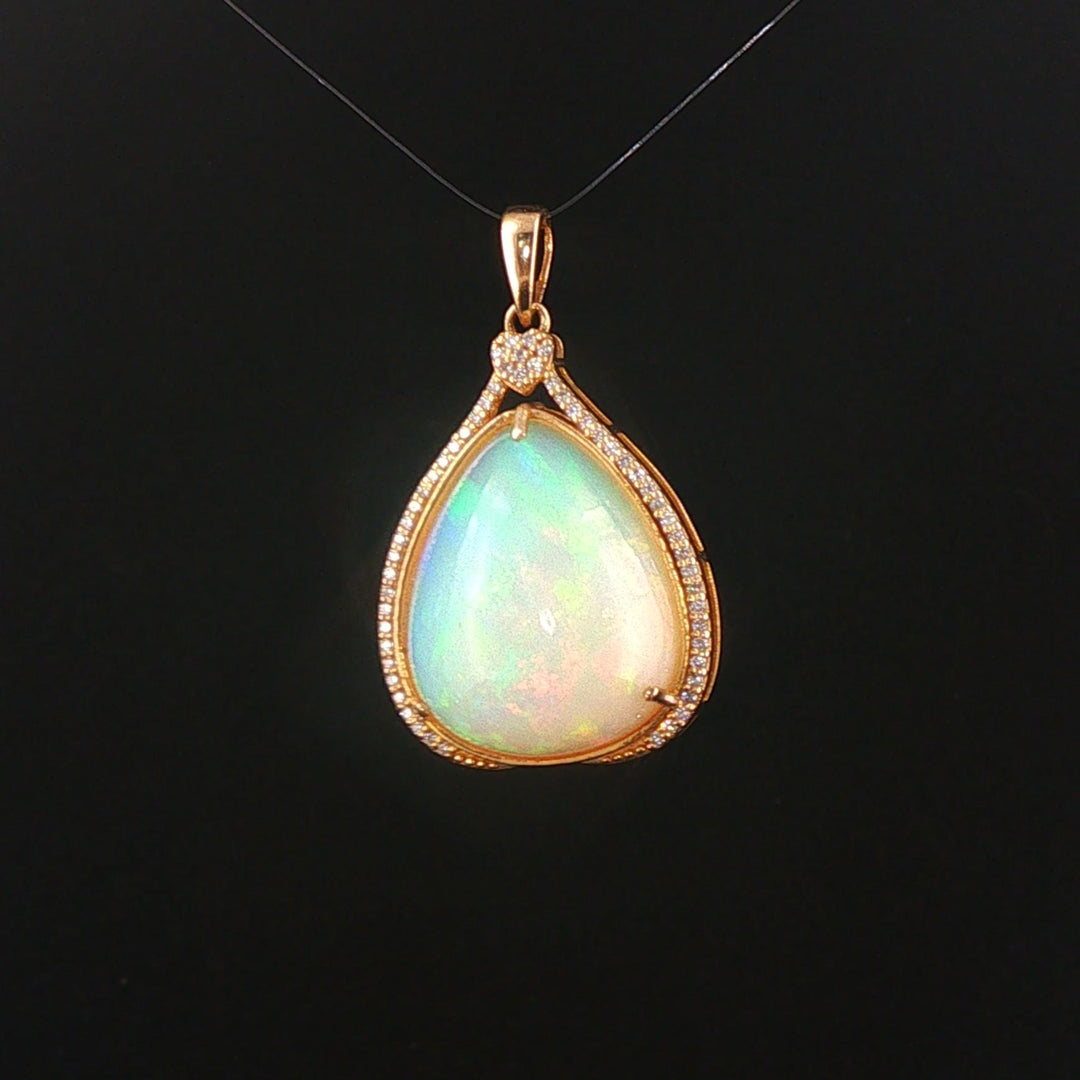 14k Yellow Gold 11.35ct Pear Opal and Diamond Halo Pendant 1.4"