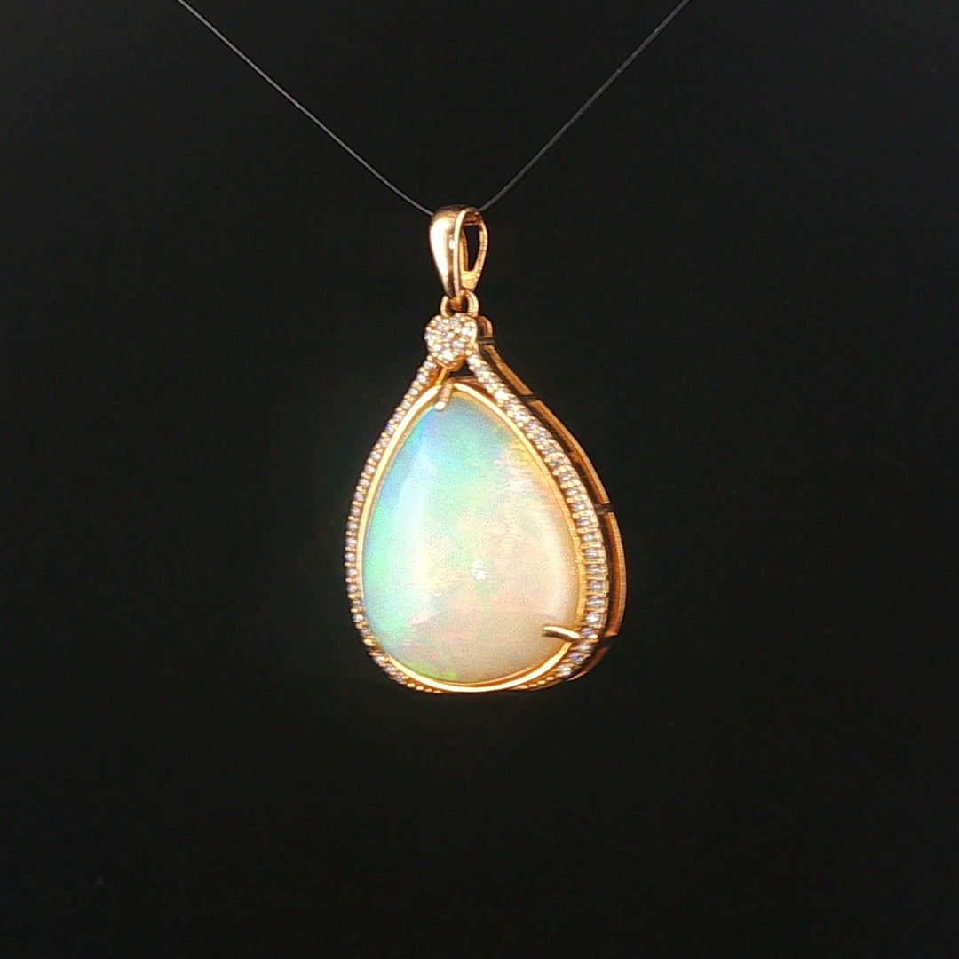14k Yellow Gold 11.35ct Pear Opal and Diamond Halo Pendant 1.4"