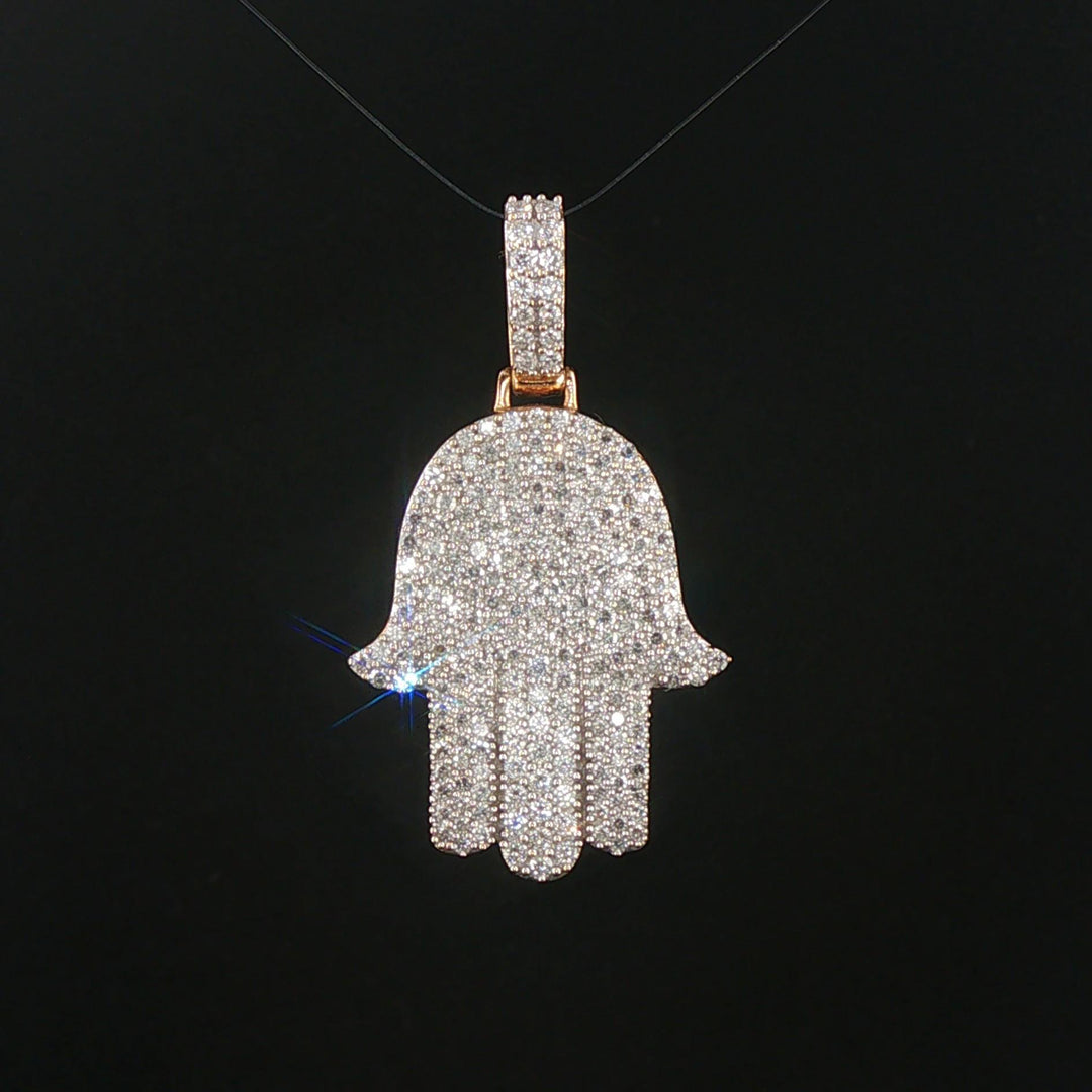 10k Yellow Gold and 1.50cttw Pave Diamond Hamsa Pendant 1.5"