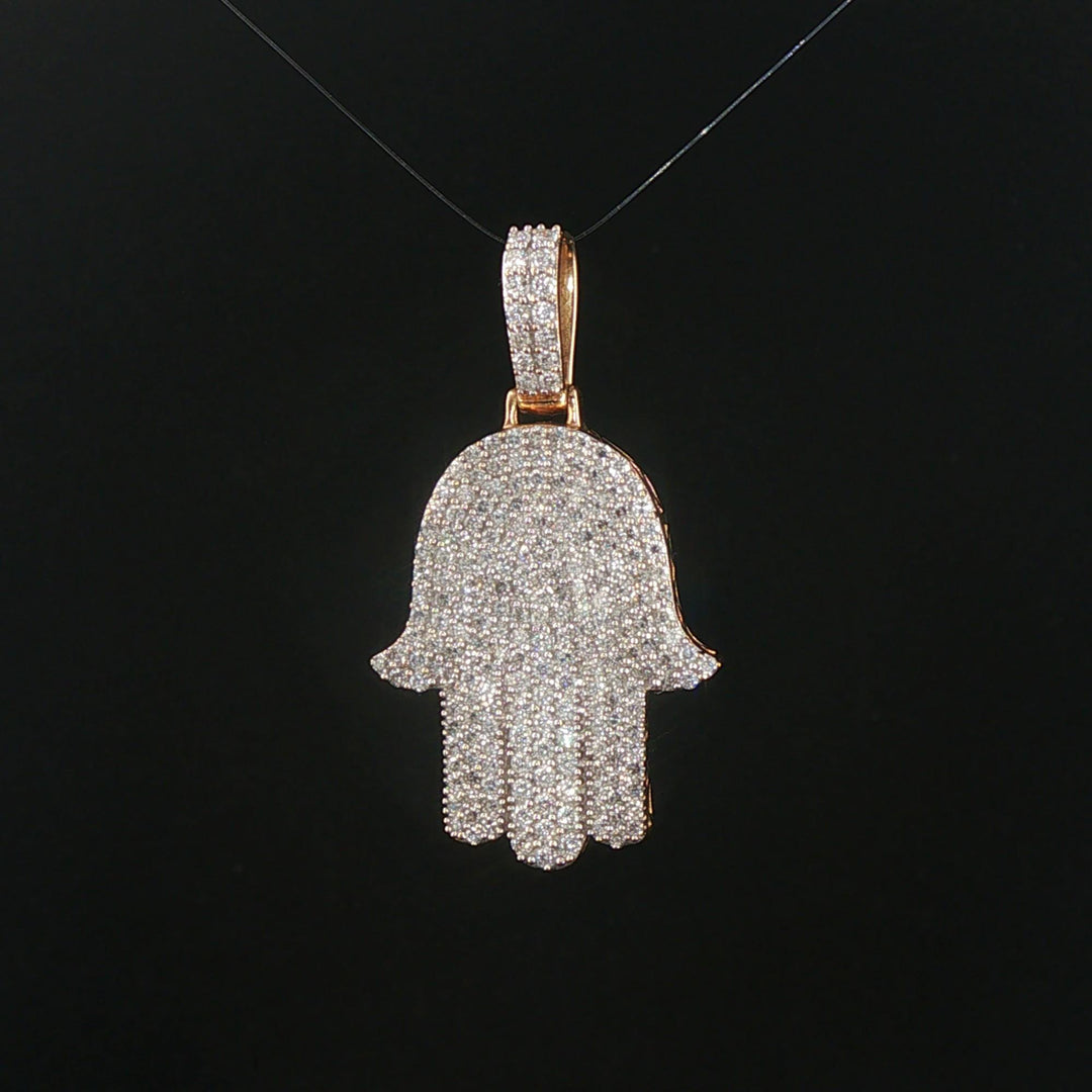 10k Yellow Gold and 1.50cttw Pave Diamond Hamsa Pendant 1.5"