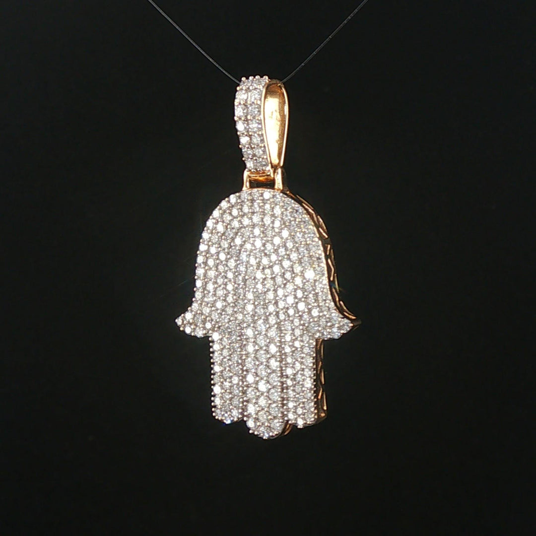 10k Yellow Gold and 1.50cttw Pave Diamond Hamsa Pendant 1.5"