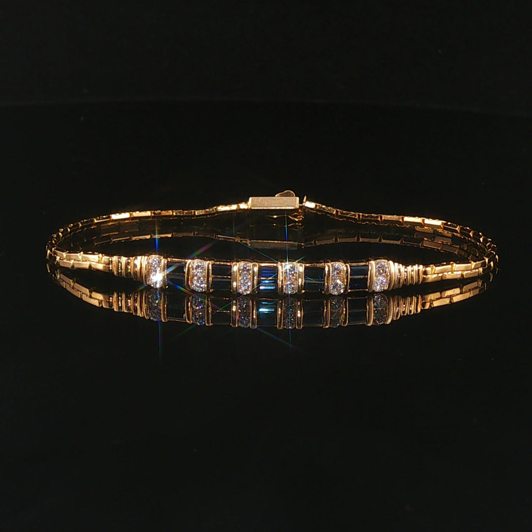 14k Yellow Gold Sapphire and Diamond Bar Station Link Bracelet 6.5"