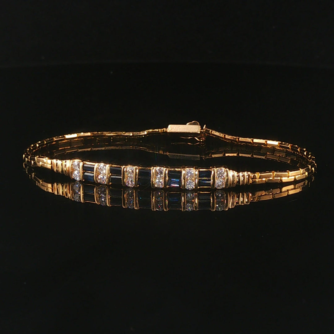 14k Yellow Gold Sapphire and Diamond Bar Station Link Bracelet 6.5"