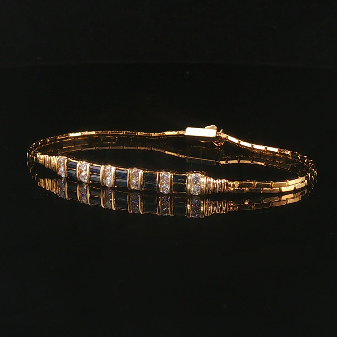 14k Yellow Gold Sapphire and Diamond Bar Station Link Bracelet 6.5"