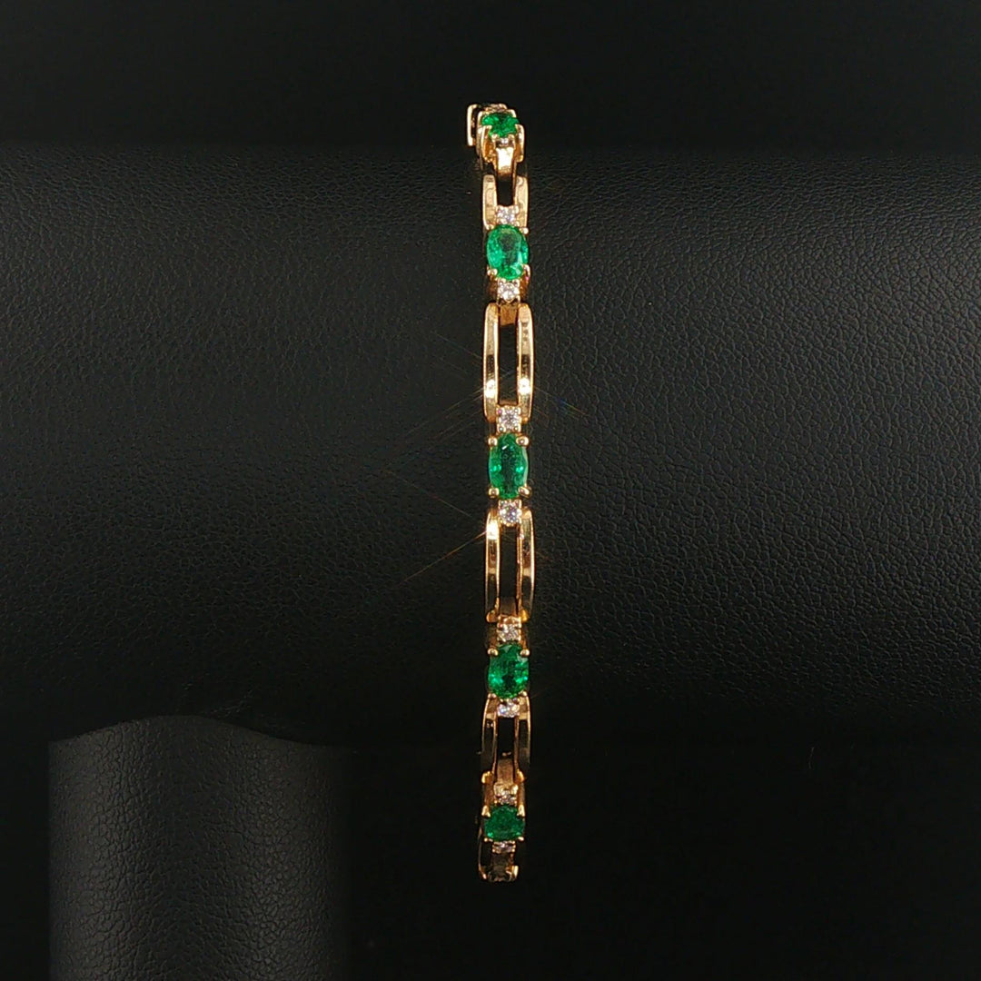 14k Yellow Gold Emerald and Diamond Solid Fancy Bar Link Bracelet 7"