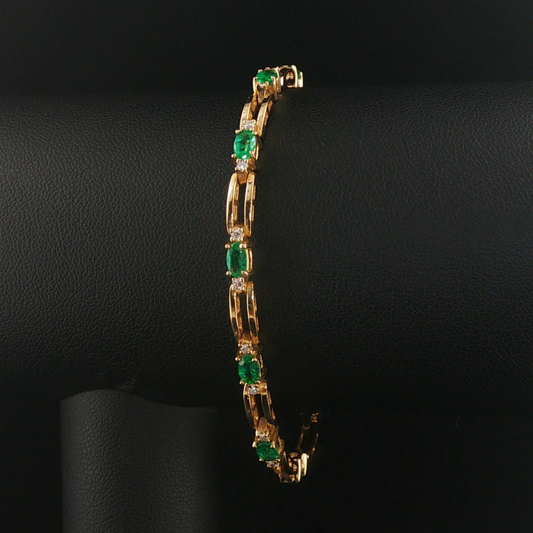 14k Yellow Gold Emerald and Diamond Solid Fancy Bar Link Bracelet 7"