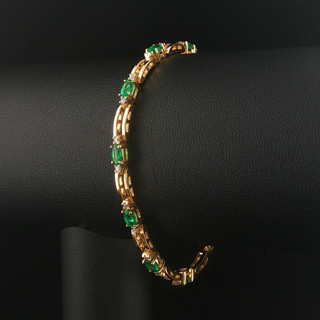 14k Yellow Gold Emerald and Diamond Solid Fancy Bar Link Bracelet 7"