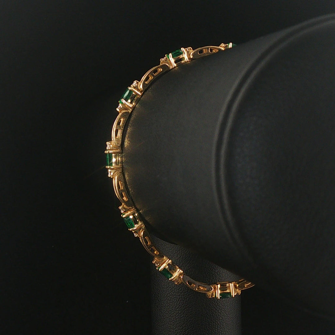 14k Yellow Gold Emerald and Diamond Solid Fancy Bar Link Bracelet 7"
