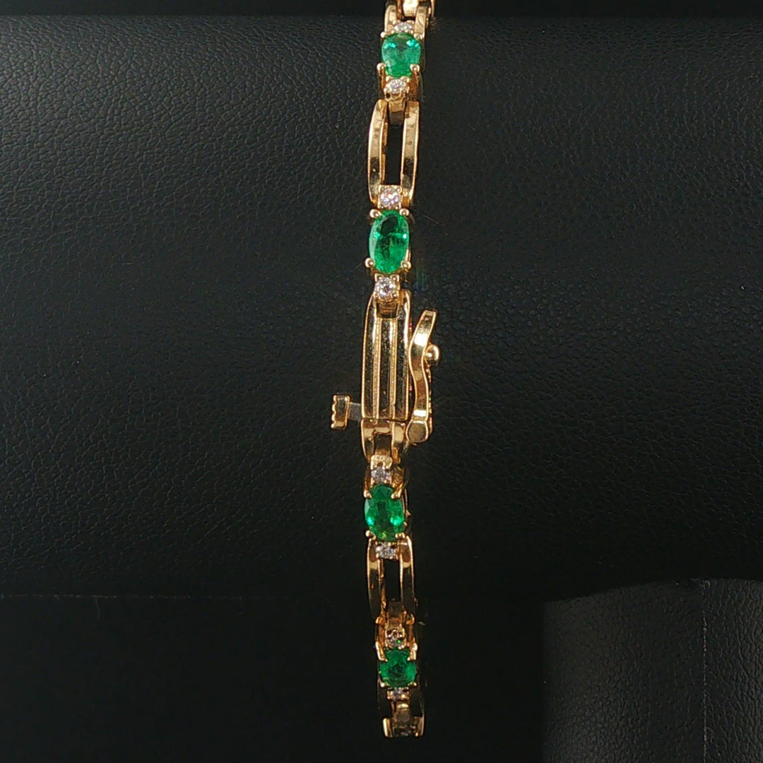 14k Yellow Gold Emerald and Diamond Solid Fancy Bar Link Bracelet 7"