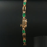 14k Yellow Gold Emerald and Diamond Solid Fancy Bar Link Bracelet 7"